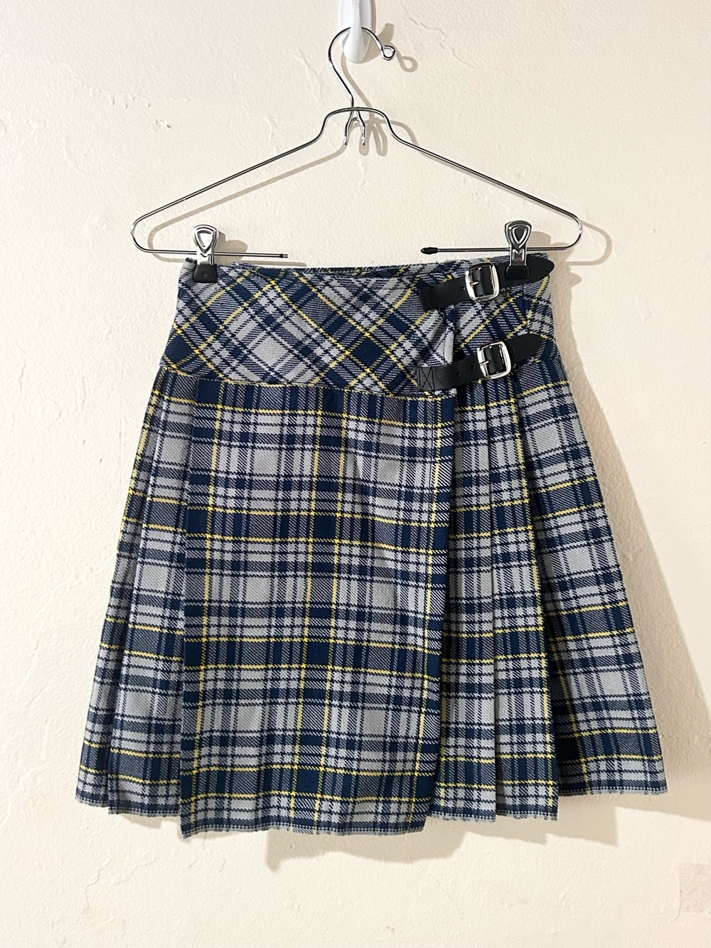 Vintage Scottish Wool Blue & Yellow Paid Kilt Skirt Small